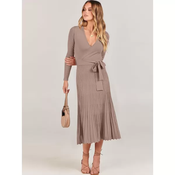 imageANRABESS Womens 2023 Fall Long Sleeve Sweater Dress Wrap V Neck Pleated Ribbed Knit A Line Belted Tie Waist Midi DressNutmeg