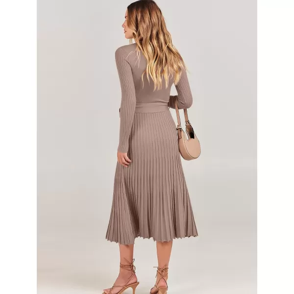 imageANRABESS Womens 2023 Fall Long Sleeve Sweater Dress Wrap V Neck Pleated Ribbed Knit A Line Belted Tie Waist Midi DressNutmeg