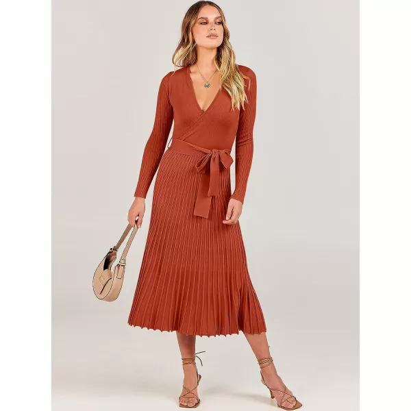 imageANRABESS Womens 2023 Fall Long Sleeve Sweater Dress Wrap V Neck Pleated Ribbed Knit A Line Belted Tie Waist Midi DressRust