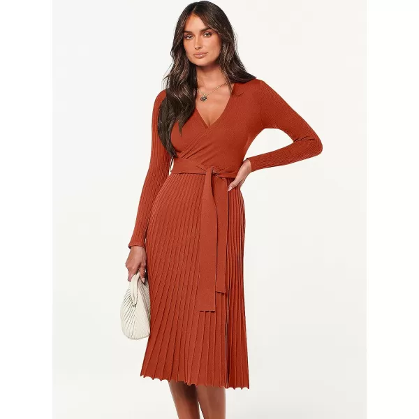 imageANRABESS Womens 2023 Fall Long Sleeve Sweater Dress Wrap V Neck Pleated Ribbed Knit A Line Belted Tie Waist Midi DressRust