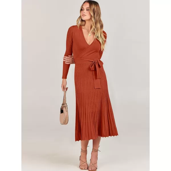imageANRABESS Womens 2023 Fall Long Sleeve Sweater Dress Wrap V Neck Pleated Ribbed Knit A Line Belted Tie Waist Midi DressRust