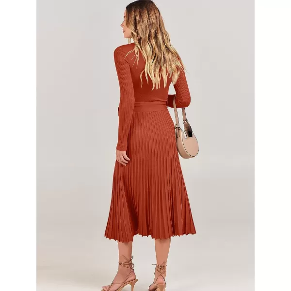 imageANRABESS Womens 2023 Fall Long Sleeve Sweater Dress Wrap V Neck Pleated Ribbed Knit A Line Belted Tie Waist Midi DressRust