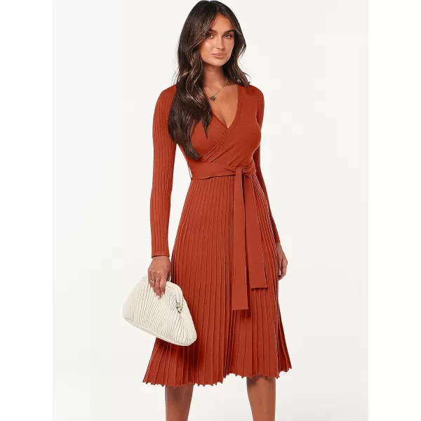 imageANRABESS Womens 2023 Fall Long Sleeve Sweater Dress Wrap V Neck Pleated Ribbed Knit A Line Belted Tie Waist Midi DressRust