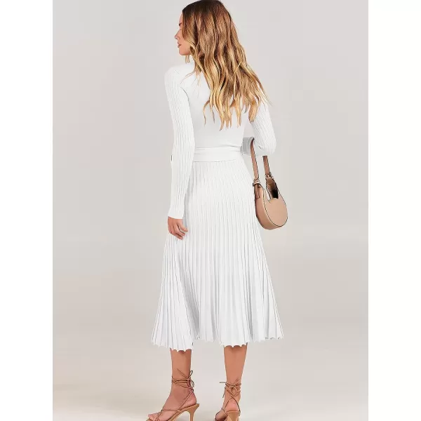 imageANRABESS Womens 2023 Fall Long Sleeve Sweater Dress Wrap V Neck Pleated Ribbed Knit A Line Belted Tie Waist Midi DressWhite