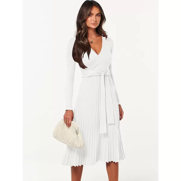 imageANRABESS Womens 2023 Fall Long Sleeve Sweater Dress Wrap V Neck Pleated Ribbed Knit A Line Belted Tie Waist Midi DressWhite