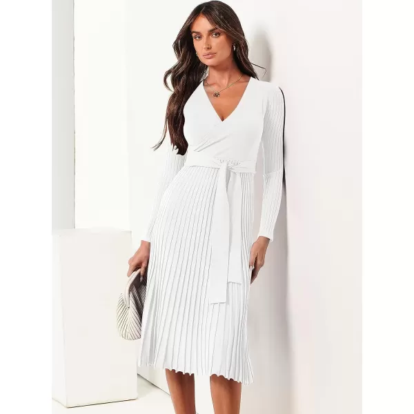 imageANRABESS Womens 2023 Fall Long Sleeve Sweater Dress Wrap V Neck Pleated Ribbed Knit A Line Belted Tie Waist Midi DressWhite
