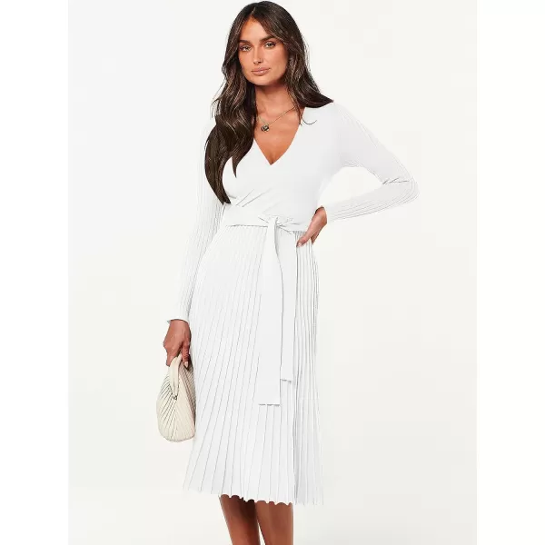 imageANRABESS Womens 2023 Fall Long Sleeve Sweater Dress Wrap V Neck Pleated Ribbed Knit A Line Belted Tie Waist Midi DressWhite