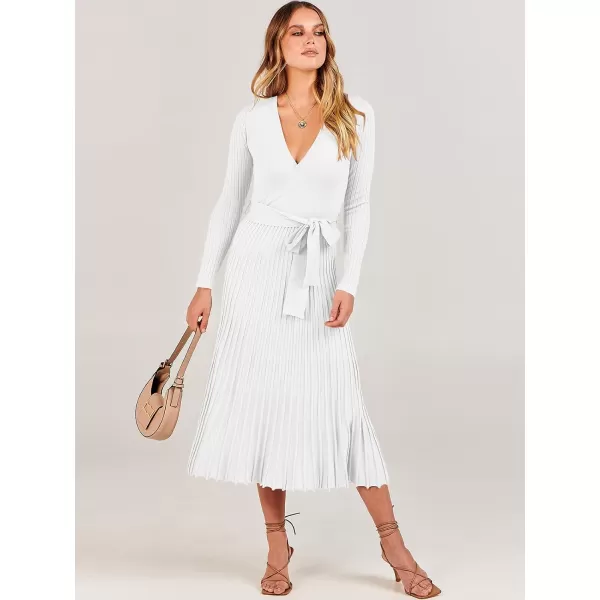 imageANRABESS Womens 2023 Fall Long Sleeve Sweater Dress Wrap V Neck Pleated Ribbed Knit A Line Belted Tie Waist Midi DressWhite