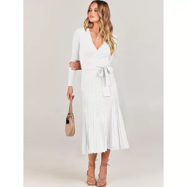 imageANRABESS Womens 2023 Fall Long Sleeve Sweater Dress Wrap V Neck Pleated Ribbed Knit A Line Belted Tie Waist Midi DressWhite