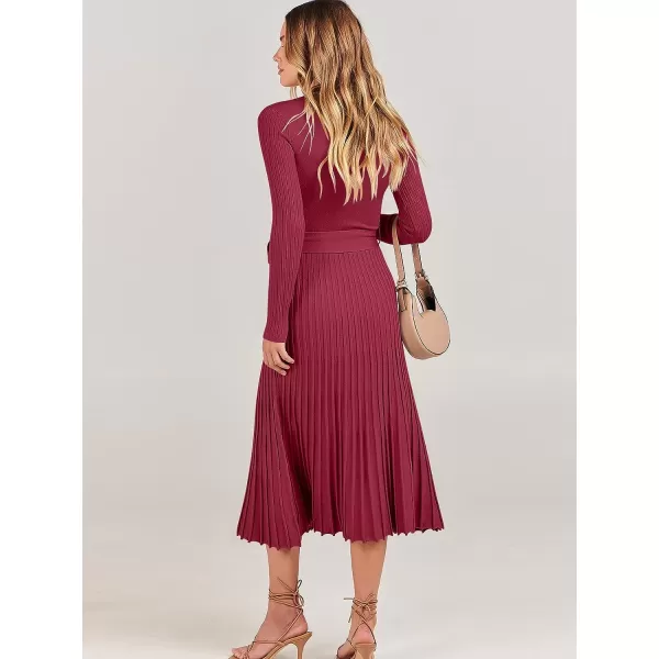 imageANRABESS Womens 2023 Fall Long Sleeve Sweater Dress Wrap V Neck Pleated Ribbed Knit A Line Belted Tie Waist Midi DressWine Red