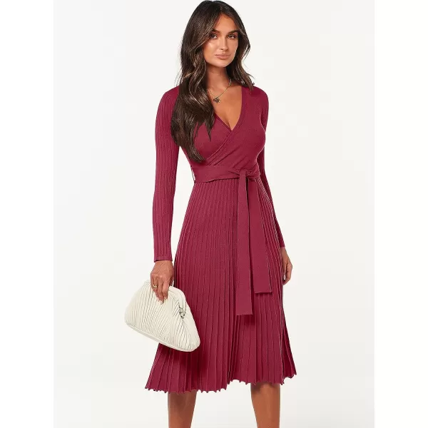 imageANRABESS Womens 2023 Fall Long Sleeve Sweater Dress Wrap V Neck Pleated Ribbed Knit A Line Belted Tie Waist Midi DressWine Red