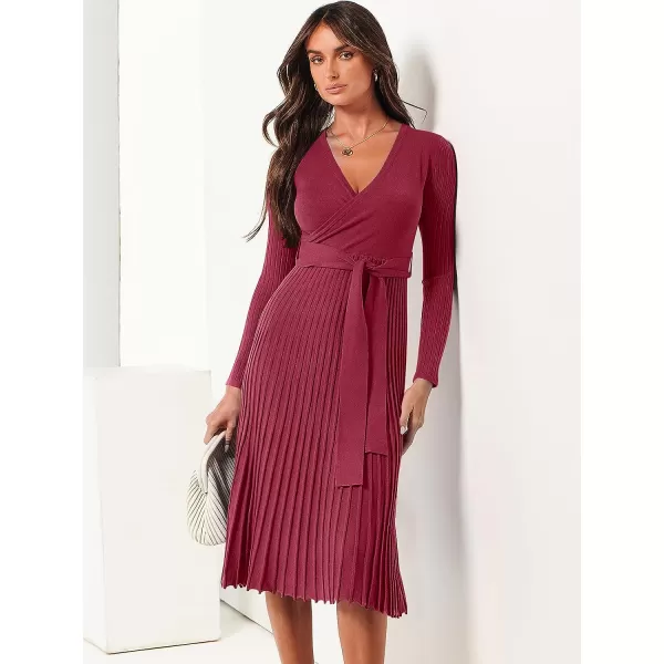 imageANRABESS Womens 2023 Fall Long Sleeve Sweater Dress Wrap V Neck Pleated Ribbed Knit A Line Belted Tie Waist Midi DressWine Red