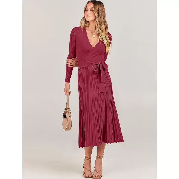 imageANRABESS Womens 2023 Fall Long Sleeve Sweater Dress Wrap V Neck Pleated Ribbed Knit A Line Belted Tie Waist Midi DressWine Red