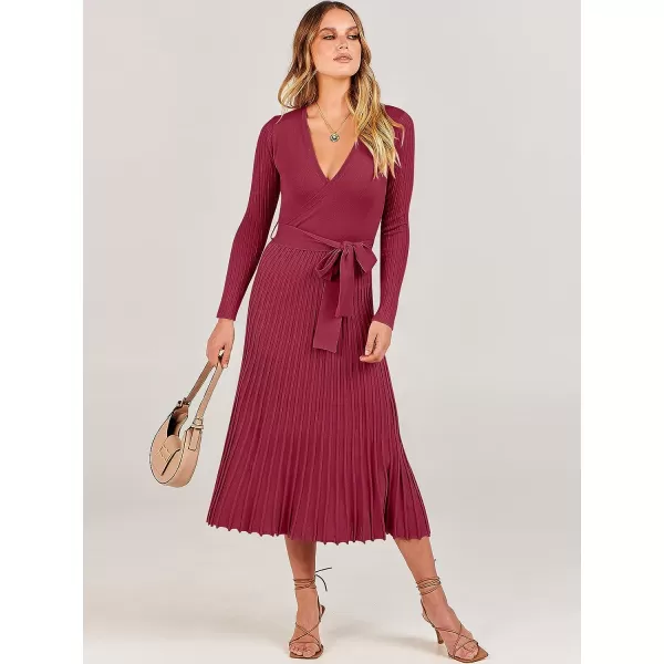 imageANRABESS Womens 2023 Fall Long Sleeve Sweater Dress Wrap V Neck Pleated Ribbed Knit A Line Belted Tie Waist Midi DressWine Red