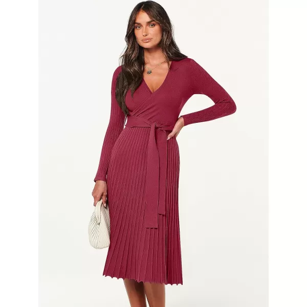 imageANRABESS Womens 2023 Fall Long Sleeve Sweater Dress Wrap V Neck Pleated Ribbed Knit A Line Belted Tie Waist Midi DressWine Red