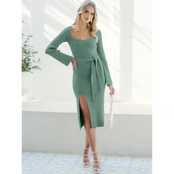imageANRABESS Womens 2023 Fall Long Sleeve Sweetheart Neck Tie Waist Slit Side Kibbed Knit Slim Bodycon Midi Sweater DressGray Green