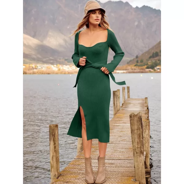 imageANRABESS Womens 2023 Fall Long Sleeve Sweetheart Neck Tie Waist Slit Side Kibbed Knit Slim Bodycon Midi Sweater DressGreen