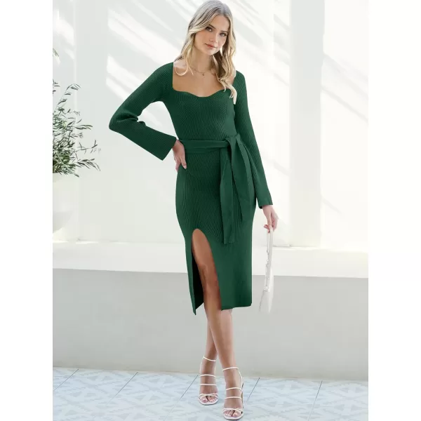 imageANRABESS Womens 2023 Fall Long Sleeve Sweetheart Neck Tie Waist Slit Side Kibbed Knit Slim Bodycon Midi Sweater DressGreen