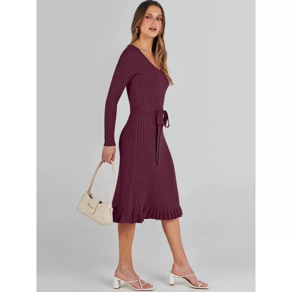 imageANRABESS Womens 2023 Fall Sweater Dress Long Sleeve V Neck Pleated Slim Ribbed Knit Midi Dresses with BeltANRABESS Womens 2023 Fall Sweater Dress Long Sleeve V Neck Pleated Slim Ribbed Knit Midi Dresses with Belt