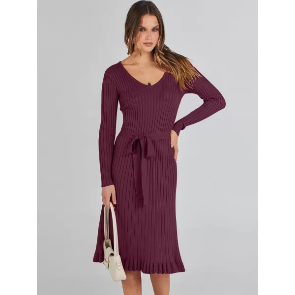 imageANRABESS Womens 2023 Fall Sweater Dress Long Sleeve V Neck Pleated Slim Ribbed Knit Midi Dresses with BeltANRABESS Womens 2023 Fall Sweater Dress Long Sleeve V Neck Pleated Slim Ribbed Knit Midi Dresses with Belt