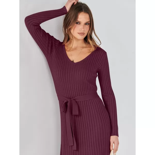 imageANRABESS Womens 2023 Fall Sweater Dress Long Sleeve V Neck Pleated Slim Ribbed Knit Midi Dresses with BeltANRABESS Womens 2023 Fall Sweater Dress Long Sleeve V Neck Pleated Slim Ribbed Knit Midi Dresses with Belt