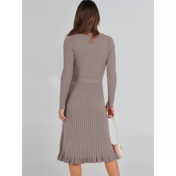 imageANRABESS Womens 2023 Fall Sweater Dress Long Sleeve V Neck Pleated Slim Ribbed Knit Midi Dresses with BeltAlmond