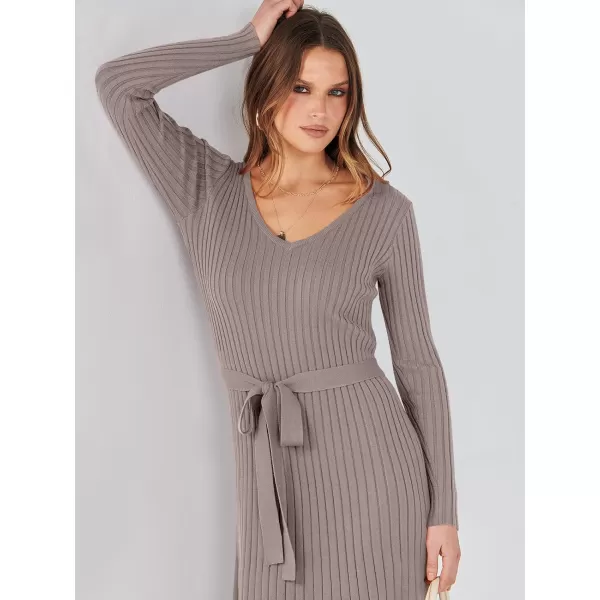 imageANRABESS Womens 2023 Fall Sweater Dress Long Sleeve V Neck Pleated Slim Ribbed Knit Midi Dresses with BeltAlmond