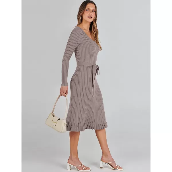 imageANRABESS Womens 2023 Fall Sweater Dress Long Sleeve V Neck Pleated Slim Ribbed Knit Midi Dresses with BeltAlmond