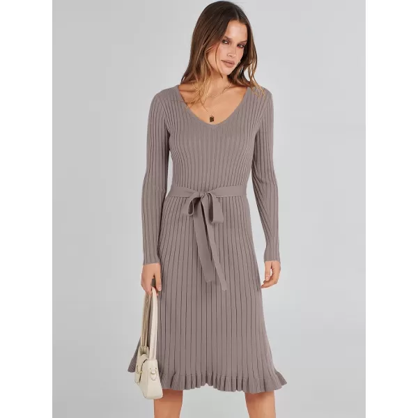 imageANRABESS Womens 2023 Fall Sweater Dress Long Sleeve V Neck Pleated Slim Ribbed Knit Midi Dresses with BeltAlmond