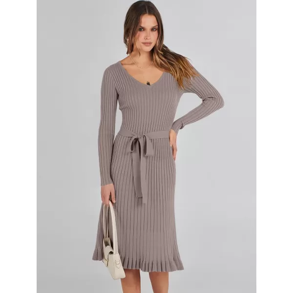 imageANRABESS Womens 2023 Fall Sweater Dress Long Sleeve V Neck Pleated Slim Ribbed Knit Midi Dresses with BeltAlmond