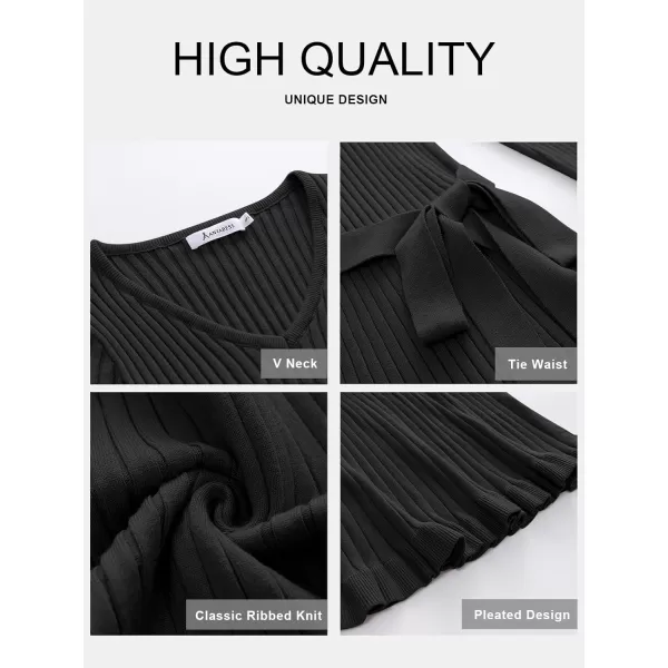 imageANRABESS Womens 2023 Fall Sweater Dress Long Sleeve V Neck Pleated Slim Ribbed Knit Midi Dresses with BeltBlack
