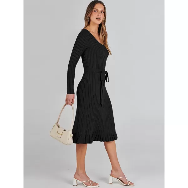 imageANRABESS Womens 2023 Fall Sweater Dress Long Sleeve V Neck Pleated Slim Ribbed Knit Midi Dresses with BeltBlack