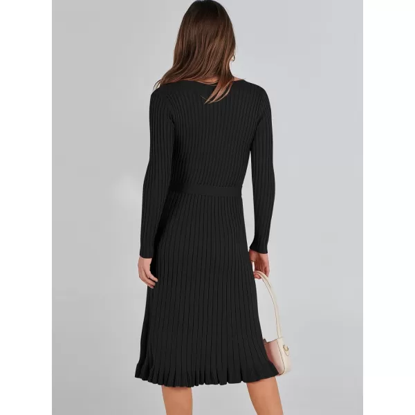 imageANRABESS Womens 2023 Fall Sweater Dress Long Sleeve V Neck Pleated Slim Ribbed Knit Midi Dresses with BeltBlack