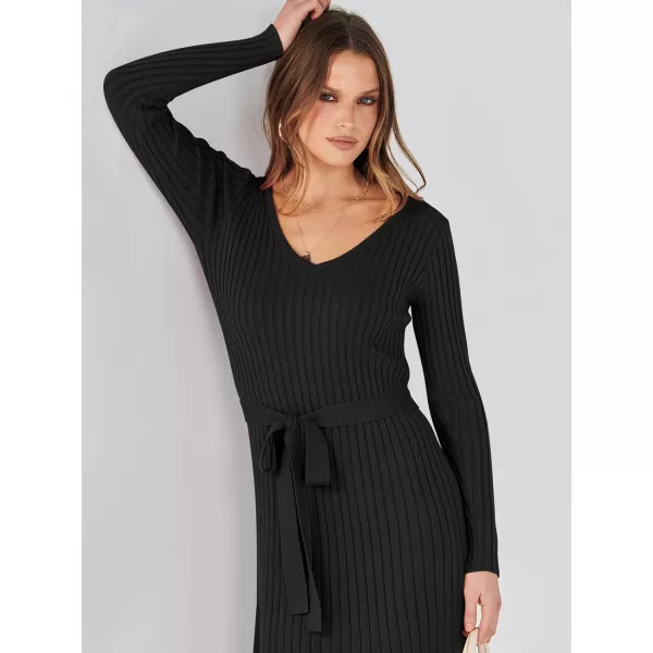 imageANRABESS Womens 2023 Fall Sweater Dress Long Sleeve V Neck Pleated Slim Ribbed Knit Midi Dresses with BeltBlack