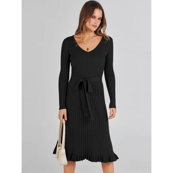 imageANRABESS Womens 2023 Fall Sweater Dress Long Sleeve V Neck Pleated Slim Ribbed Knit Midi Dresses with BeltBlack