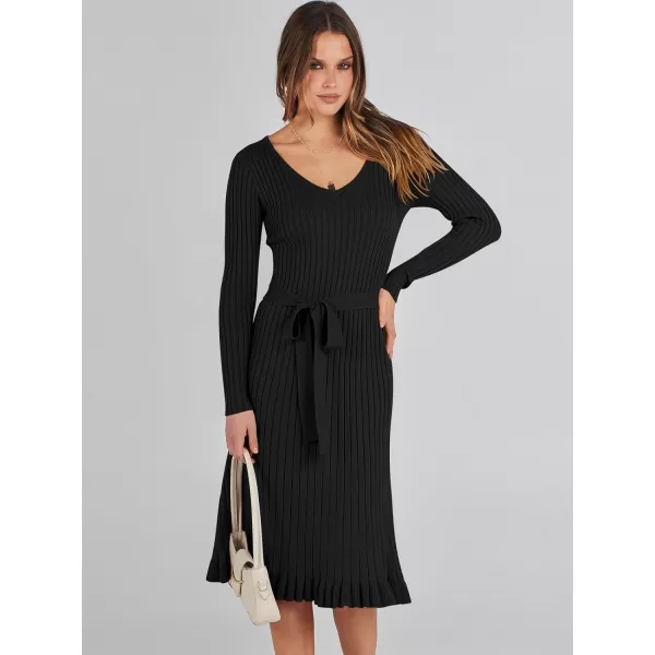 imageANRABESS Womens 2023 Fall Sweater Dress Long Sleeve V Neck Pleated Slim Ribbed Knit Midi Dresses with BeltBlack