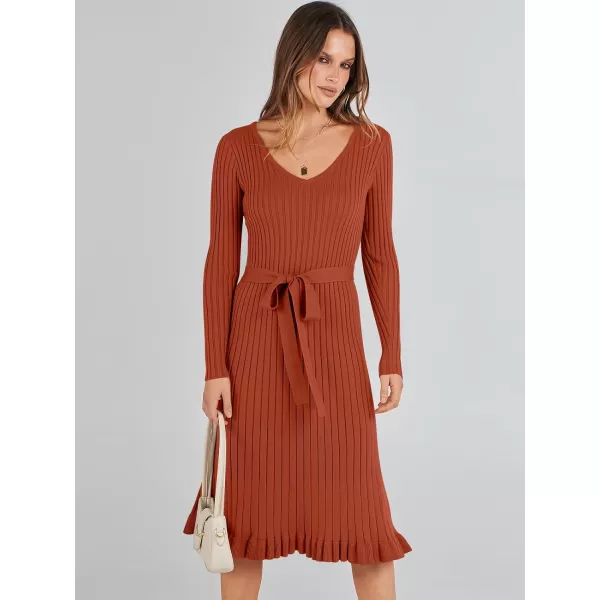 imageANRABESS Womens 2023 Fall Sweater Dress Long Sleeve V Neck Pleated Slim Ribbed Knit Midi Dresses with BeltRust