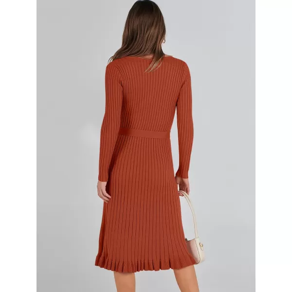 imageANRABESS Womens 2023 Fall Sweater Dress Long Sleeve V Neck Pleated Slim Ribbed Knit Midi Dresses with BeltRust