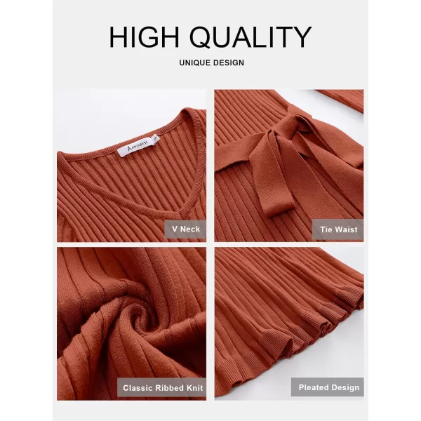 imageANRABESS Womens 2023 Fall Sweater Dress Long Sleeve V Neck Pleated Slim Ribbed Knit Midi Dresses with BeltRust
