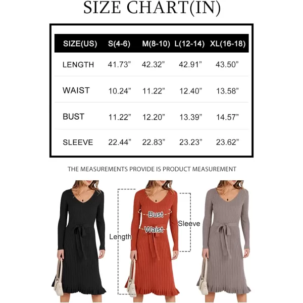 imageANRABESS Womens 2023 Fall Sweater Dress Long Sleeve V Neck Pleated Slim Ribbed Knit Midi Dresses with BeltRust