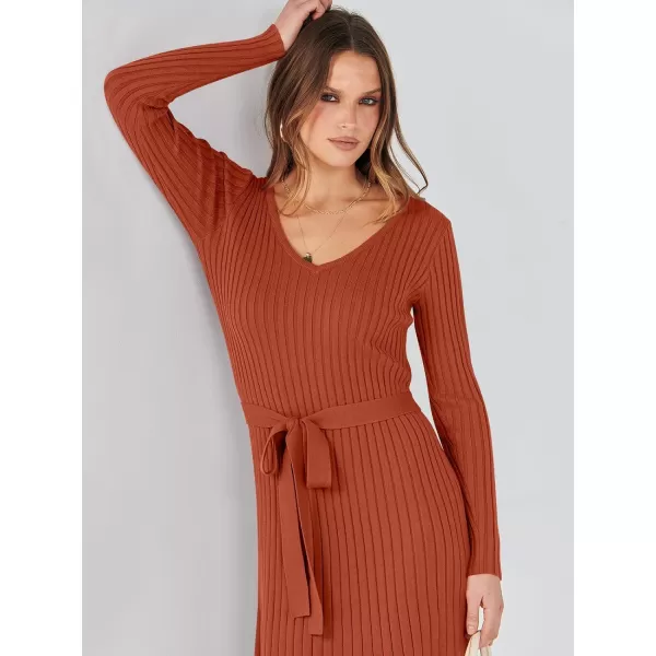 imageANRABESS Womens 2023 Fall Sweater Dress Long Sleeve V Neck Pleated Slim Ribbed Knit Midi Dresses with BeltRust