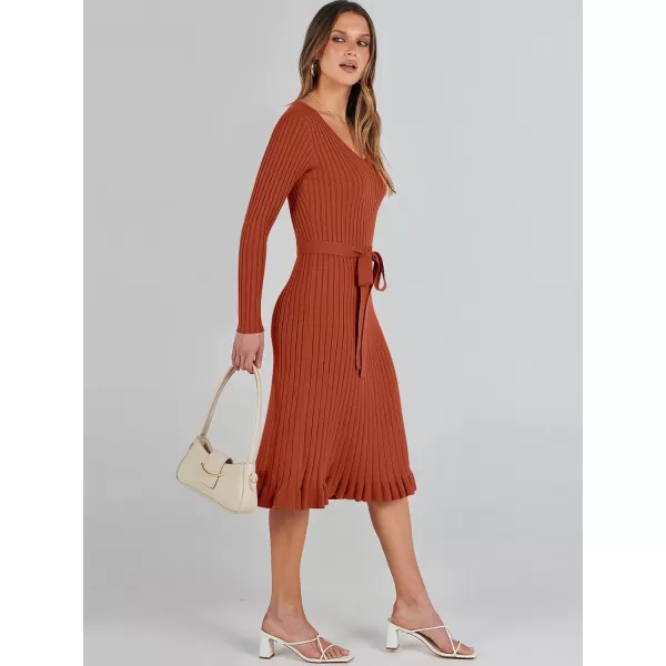 imageANRABESS Womens 2023 Fall Sweater Dress Long Sleeve V Neck Pleated Slim Ribbed Knit Midi Dresses with BeltRust