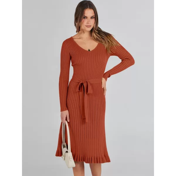 imageANRABESS Womens 2023 Fall Sweater Dress Long Sleeve V Neck Pleated Slim Ribbed Knit Midi Dresses with BeltRust