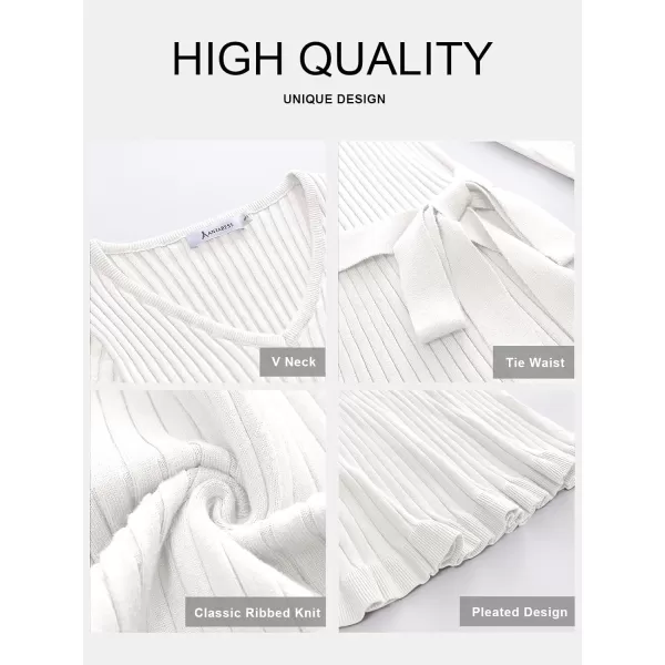 imageANRABESS Womens 2023 Fall Sweater Dress Long Sleeve V Neck Pleated Slim Ribbed Knit Midi Dresses with BeltWhite
