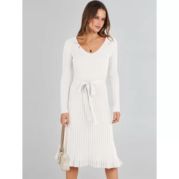 imageANRABESS Womens 2023 Fall Sweater Dress Long Sleeve V Neck Pleated Slim Ribbed Knit Midi Dresses with BeltWhite