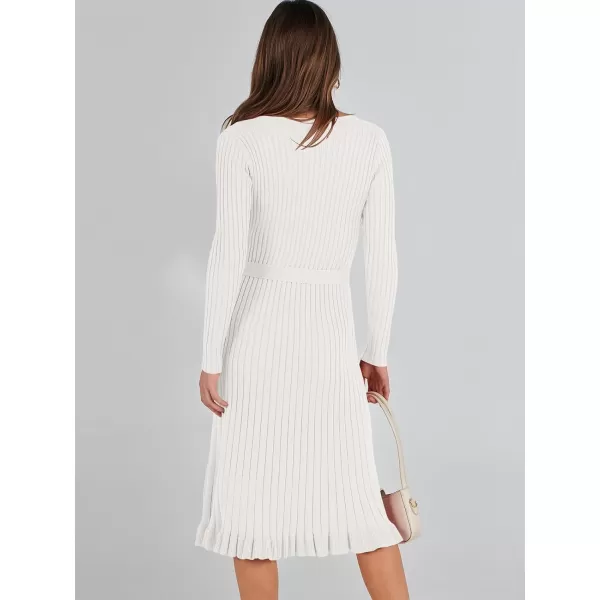 imageANRABESS Womens 2023 Fall Sweater Dress Long Sleeve V Neck Pleated Slim Ribbed Knit Midi Dresses with BeltWhite