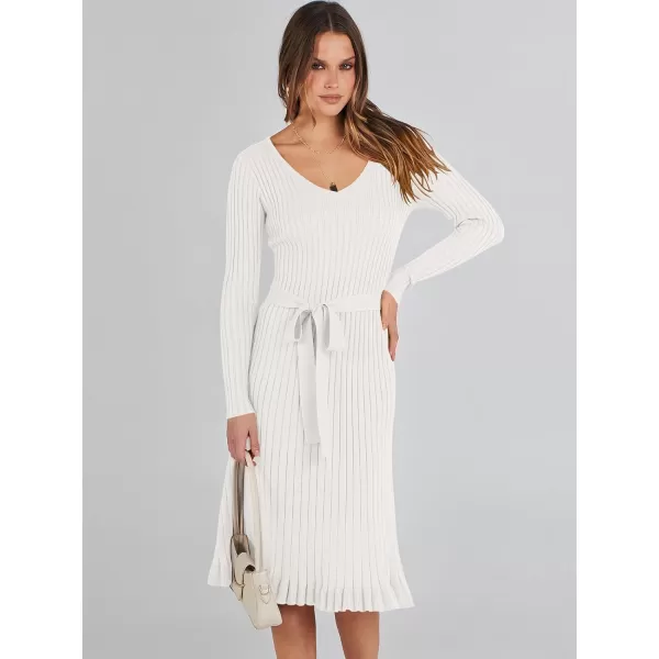 imageANRABESS Womens 2023 Fall Sweater Dress Long Sleeve V Neck Pleated Slim Ribbed Knit Midi Dresses with BeltWhite