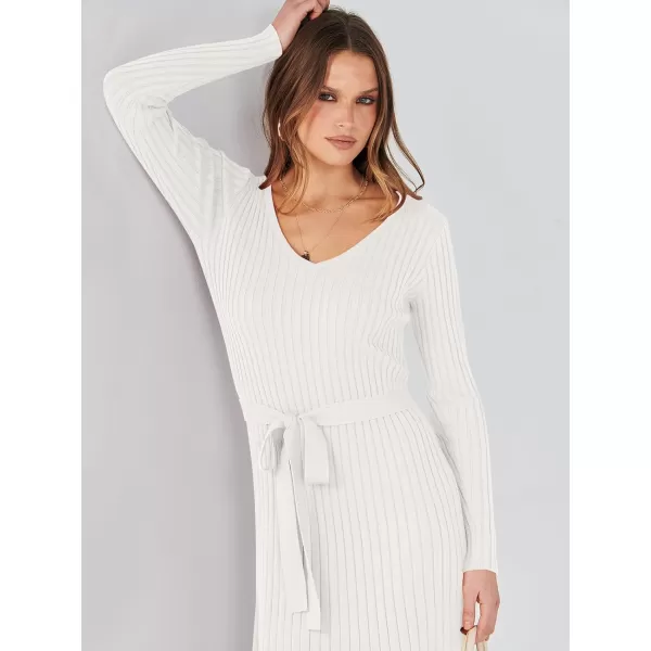 imageANRABESS Womens 2023 Fall Sweater Dress Long Sleeve V Neck Pleated Slim Ribbed Knit Midi Dresses with BeltWhite