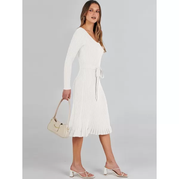 imageANRABESS Womens 2023 Fall Sweater Dress Long Sleeve V Neck Pleated Slim Ribbed Knit Midi Dresses with BeltWhite