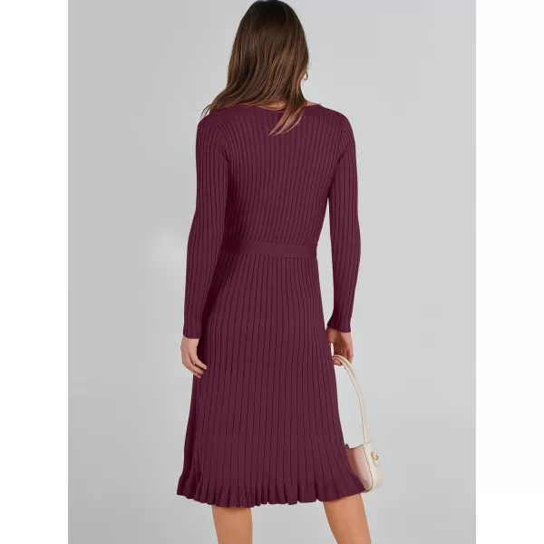 imageANRABESS Womens 2023 Fall Sweater Dress Long Sleeve V Neck Pleated Slim Ribbed Knit Midi Dresses with BeltWine Red